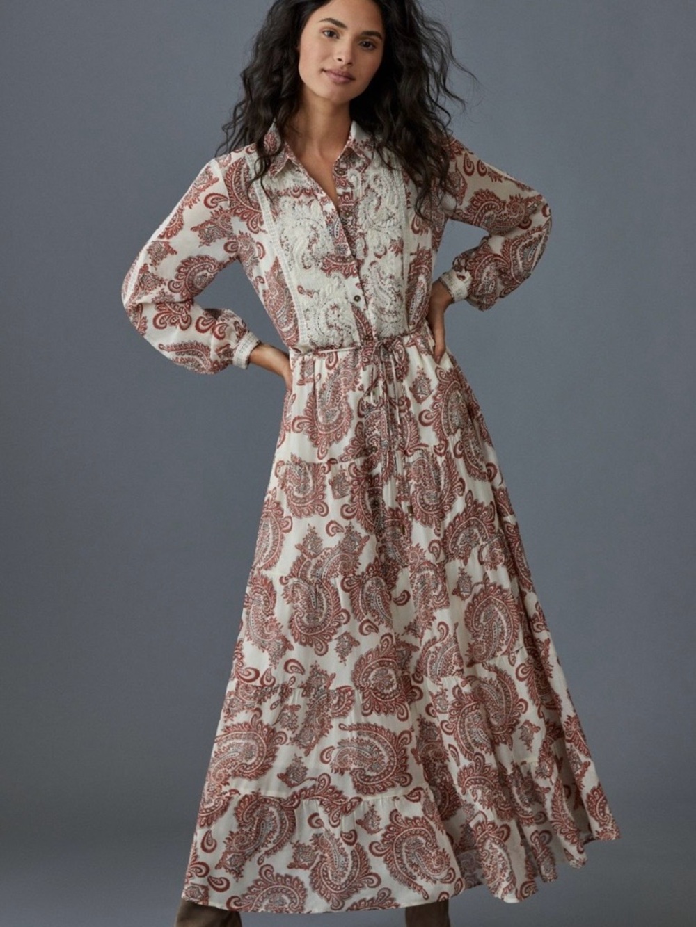 Anthropologie Allaire Maxi Embroidered Long Sleeve Shirtdress - Size S
